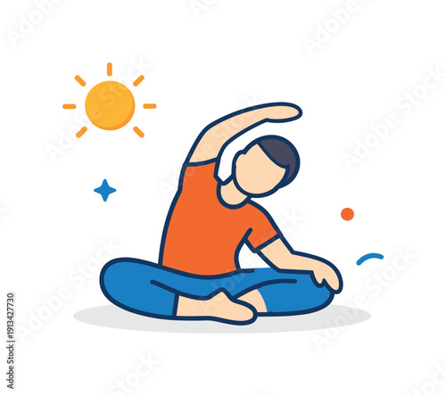 Everyday gentle morning activation and body readiness before daily tasks begin, a simple stretching figure paired with a small sun icon symbolizing waking up the body and starting