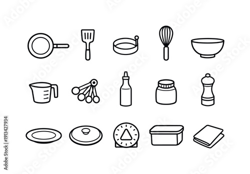 Home breakfast egg cooking tools: frying pan, spatula, egg ring, whisk, mixing bowl, measuring cup, measuring spoon, oil bottle, salt jar, pepper grinder, plate, lid, kitchen timer