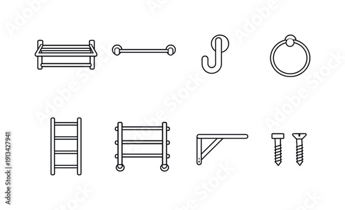 Home bathroom towel accessories: towel rack, towel bar, towel hook, towel ring, ladder rack, heated rail, shelf bracket, mounting screw.