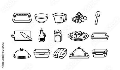 gogogoHome roasted cauliflower florets tools: baking tray, parchment paper, mixing bowl, measuring cup, measuring spoon, spatula, cutting board, chef knife, oil bottle, spice jar,