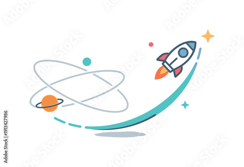 Choosing a unique path and non linear career or life direction expressed through abstract space navigation, a spacecraft deliberately following an unconventional curved trajectory