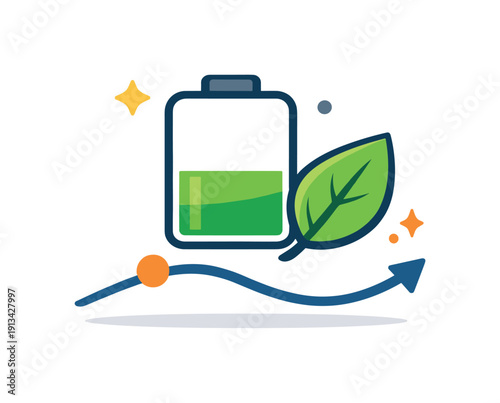 Healthy productivity balance and sustainable work habits in modern lifestyles focused on maintaining energy without burnout, a half-filled battery combined with a leaf and a smooth