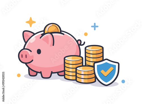 Personal financial resilience and smart saving habits in everyday life highlighting preparedness and stability, a piggy bank combined with stacked coins and a small shield icon