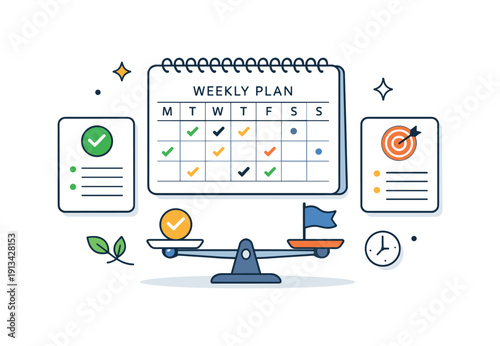 Mindful weekly planning and realistic goal setting for sustainable productivity, a calendar page paired with evenly spaced task cards and a small scale symbolizing balance and