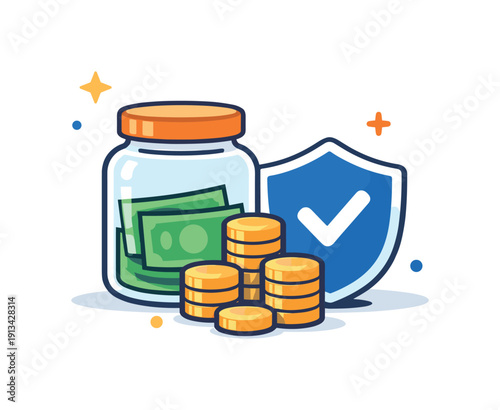 Personal financial resilience and emergency readiness for everyday stability, a sealed savings jar paired with stacked coins and a subtle shield representing preparedness and