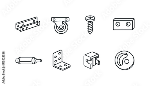 Home desk drawer hardware: drawer slide, roller wheel, mounting screw, spacer block, soft close damper, rail bracket, stop clip, adjustment cam.