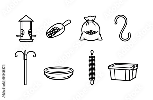 Home bird feeding items: bird feeder, seed scoop, seed bag, hanging hook, feeder pole, water dish, cleaning brush, storage bin.