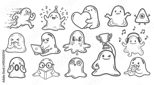 cute blob monster doodle characters icons set in hand drawn cartoon style vector illustration, Cute funny blob creatures characters collection in black and white doodle style vector illustration