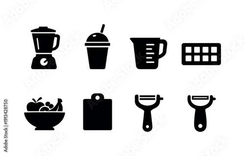 Home smoothie tools: blender, smoothie cup, straw, measuring cup, ice cube tray, fruit bowl, cutting board, peeler.