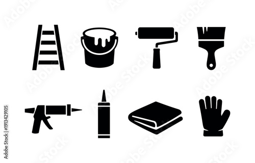 Outdoor home maintenance: ladder, paint bucket, paint roller, paintbrush, caulking gun, sealant tube, drop cloth, work glove.