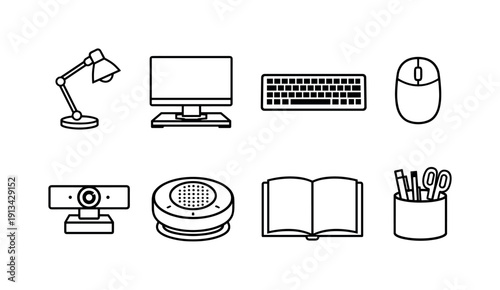 Office hybrid meeting desk setup: desk lamp, monitor stand, keyboard, mouse, webcam, conference speaker, notebook, pen holder.