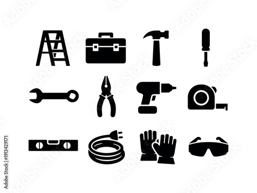 Outdoor home repair tools: ladder, toolbox, hammer, screwdriver, wrench, pliers, drill, tape measure, level, extension cord, work gloves, safety goggles.