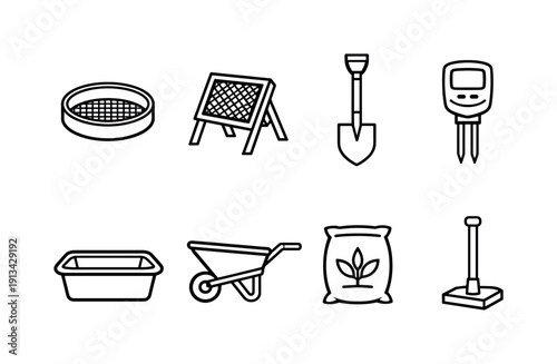 Gardening soil tools: soil sieve, compost screen, garden shovel, soil tester, mixing tub, wheelbarrow, soil bag, hand tamper.