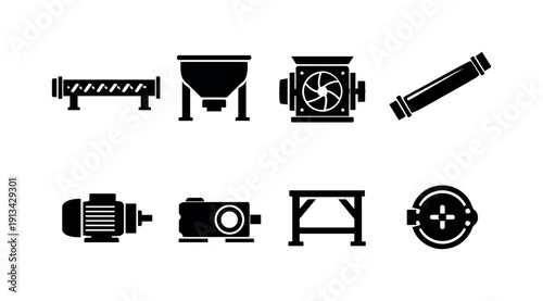 Industrial powder conveying line icon set showing screw conveyor, feed hopper, rotary valve, conveying pipe, drive motor, gearbox unit, support frame, inspection cover arranged in