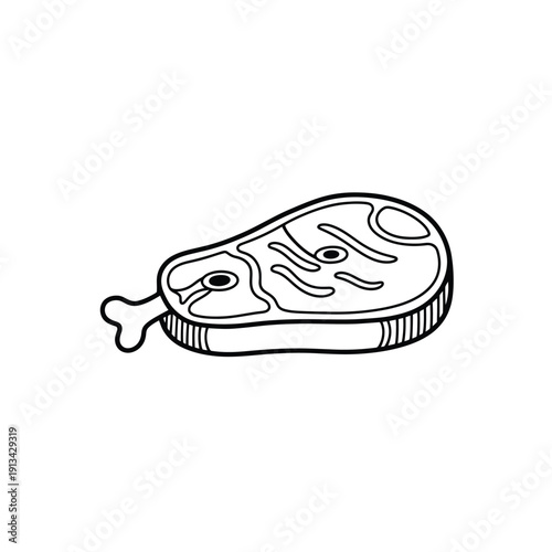 Raw beef steak with bone illustration isolated on white background in line art