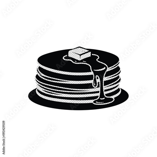 Black silhouette of pancake stack with butter and syrup isolated on white background