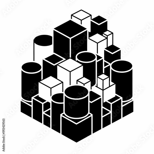Abstract geometric monochrome composition featuring an isometric arrangement of cubes and cylinders, creating a modern, minimalist structure for design and architectural concepts