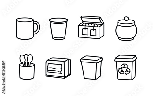 Office breakroom supplies: ceramic mug, paper cup, tea bag box, sugar jar, spoon holder, napkin dispenser, trash bin, recycling bin.