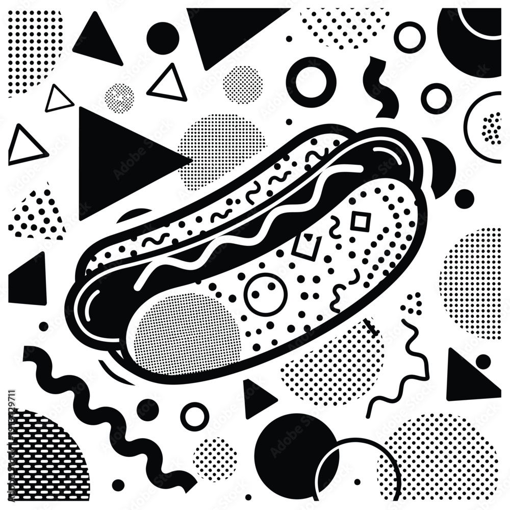 Naklejka premium Hot dog in bun with abstract geometric patterns and shapes on white background