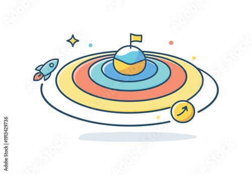 Gradual accumulation of advantage and compound growth over time framed as cosmic layering, concentric planetary rings slowly expanding outward representing steady progress and