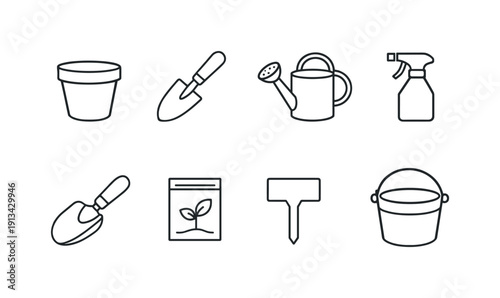 Garden planting basics: plant pot, hand trowel, watering can, spray bottle, soil scoop, seed packet, plant label, garden bucket.