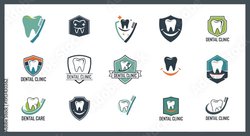 Collection of dental clinic logos featuring teeth, toothbrushes, and shields, representing dental care and health services.