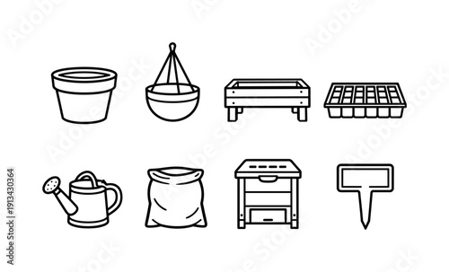 Outdoor gardening containers: plant pot, hanging planter, raised bed box, seed tray, watering can, soil bag, compost bin, plant marker.
