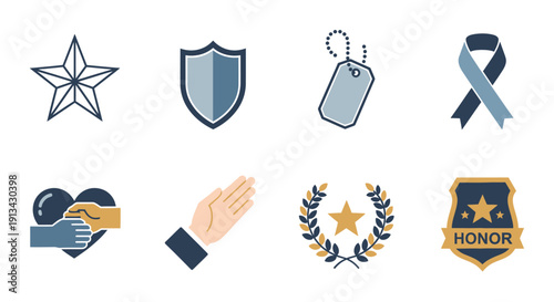 Collection of eight vector icons representing military, police, and support symbols, including a star, shield, dog tag, ribbon, heart, praying hands, laurel wreath, and badge.