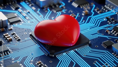 Digital Heart: A vibrant red heart rests atop a complex circuit board, symbolizing the intersection of technology and emotion in the digital age.