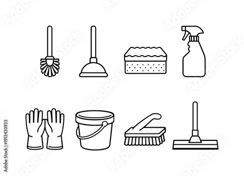 Home bathroom cleaning items: toilet brush, plunger, scrub sponge, cleaning spray bottle, rubber gloves, bucket, grout brush, floor squeegee.