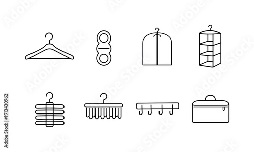 Home wardrobe hanging items: clothes hanger, hanger connector, garment cover, hanging shelf, belt hanger, tie rack, hook rail, storage bag.