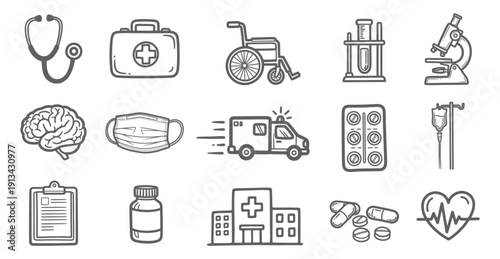 medical health care doodle icons set in hand drawn line style vector illustration, healthcare and hospital symbols icons in black and white sketch style vector illustration