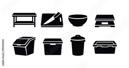 Commercial kitchen prep workstation: stainless table, cutting board, chef knife, mixing bowl, food scale, ingredient bin, storage container, trash bin.