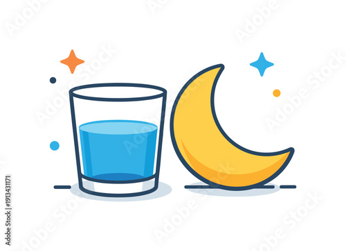 Calm evening hydration and relaxation habit as part of a balanced daily routine, a glass of water placed beside a crescent moon representing gentle care before sleep, expressing