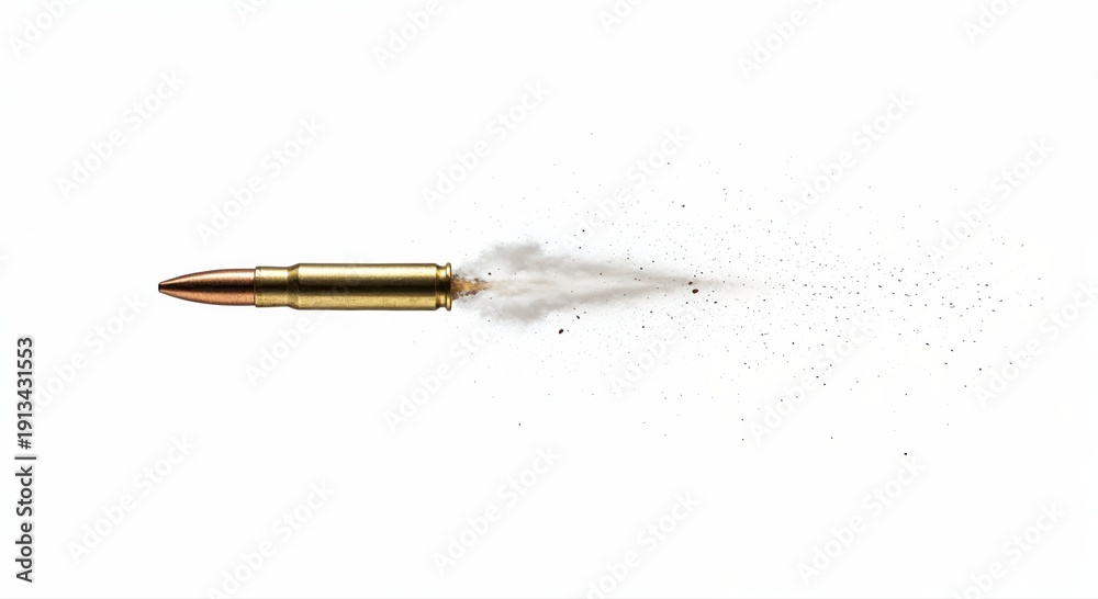 Obraz premium Bullet in Flight: A single, precisely detailed bullet streaks through the air, leaving a delicate trail, capturing a moment of intense velocity and powerful impact.