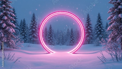 Neon Portal in Winter Wonderland: A glowing neon circle, a portal of light, stands majestically amidst a snowy forest, its vibrant illumination contrasting the cool hues of a winter landscape.