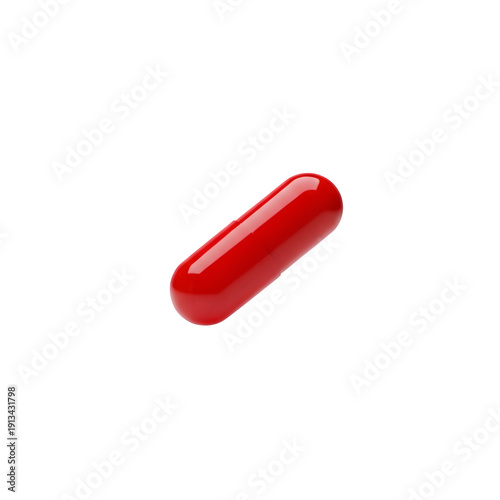 Single red pill resting on a clean white surface, symbolizing medicine, healthcare, treatment, and pharmaceutical concepts isolated on white or transparent background. PNG format.