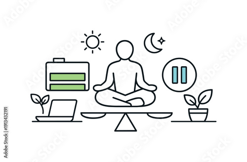 Mindful workday balance and burnout prevention in everyday professional life focused on sustainability and wellbeing, a battery icon at mid level beside a small pause symbol