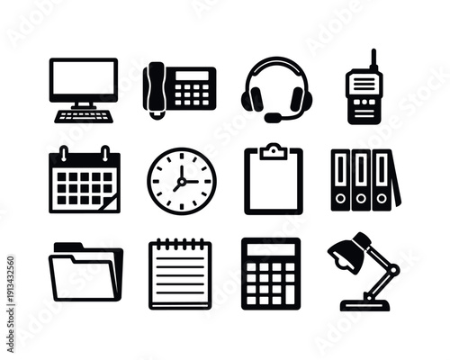 Enterprise operations office coordination tools in outline style: desktop computer, office telephone, headset, walkie talkie, wall calendar, wall clock, clipboard, binder, folder,
