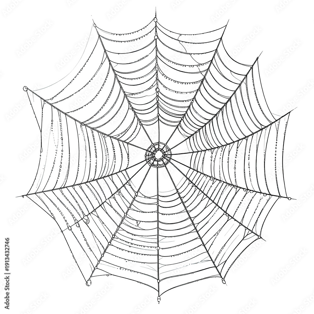 Fototapeta premium Intricate spiderweb, silvery gray threads against a stark black background