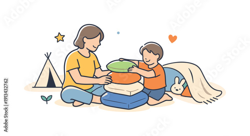 Quiet family afternoon at home focused on shared presence and gentle everyday togetherness, a parent and child sitting on the floor stacking soft pillows into a small play corner