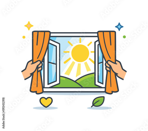 Everyday habit of opening curtains to let natural light into the home, a window paired with sun rays symbolizing brightness, mood support, and positive daily start, communicating