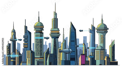 Futuristic Cityscape with Modern Skyscrapers and Towers.