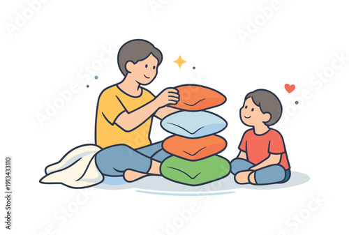 Quiet family afternoon at home focused on shared presence and gentle everyday togetherness, a parent and child sitting on the floor building a simple tower from soft cushions with