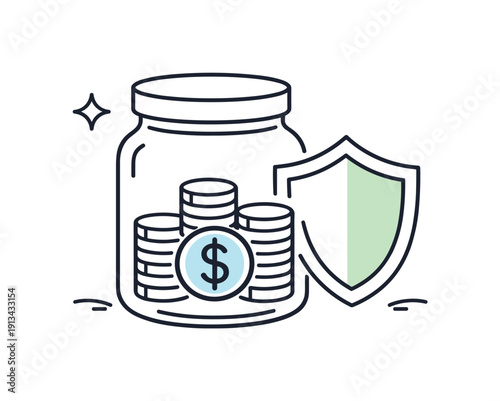 Mindful long-term saving habits and financial security planning in everyday personal finance management, a closed jar with neatly stacked coins and a subtle shield outline