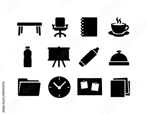Sales operations planning strategy and review meeting items in silhouette style: meeting table, chair, notebook, pen, coffee cup, water bottle, presentation board, marker pen, desk