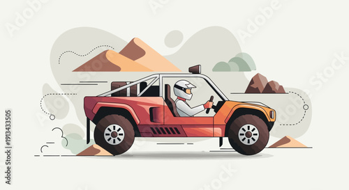 Off-road buggy driving through desert dunes, thrilling extreme sport illustration