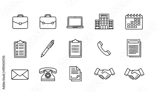 Business and office outline icon set vector modern minimalist symbols isolated on transparent background
