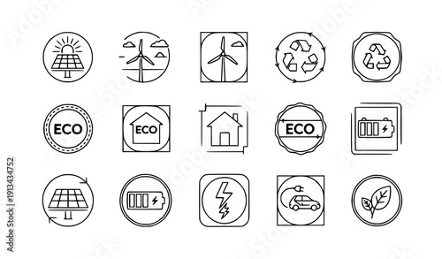 Sustainable green energy badge icon set vector eco renewable symbols isolated on transparent background