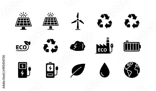 Renewable energy glyph icon set vector eco sustainable symbols isolated on transparent background
